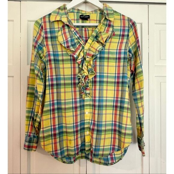 Ralph Lauren yellow plaid ruffle neck button down girls 16 - Picture 2 of 8